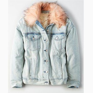 American Eagle AE Women's Classic Lined Faux Fur Destroyed Denim Jean Jacket